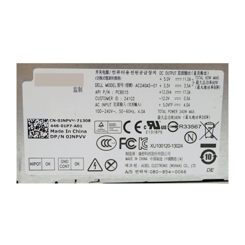 Dell JNPVV 0JNPVV AC240AS-01 240W OptiPlex 7010 9010 SFF Power Supply-FKA