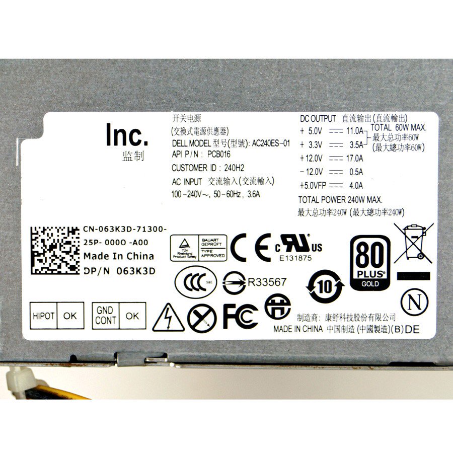 Dell Optiplex 9010 SFF 063K3D 63K3D CN-063K3D AC240ES-01 PSU 240W Power Supply-FKA