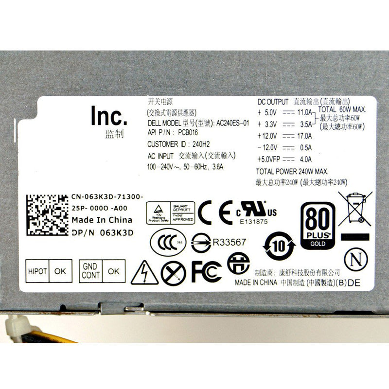 Dell Optiplex 9010 SFF 063K3D 63K3D CN-063K3D AC240ES-01 PSU 240W Power Supply-FKA