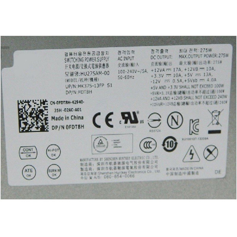 Dell FDT8H 0FDT8H Power Supply for Optiplex 3010 7010 9010 Mini Tower HU275AM-00 275Watt-FKA