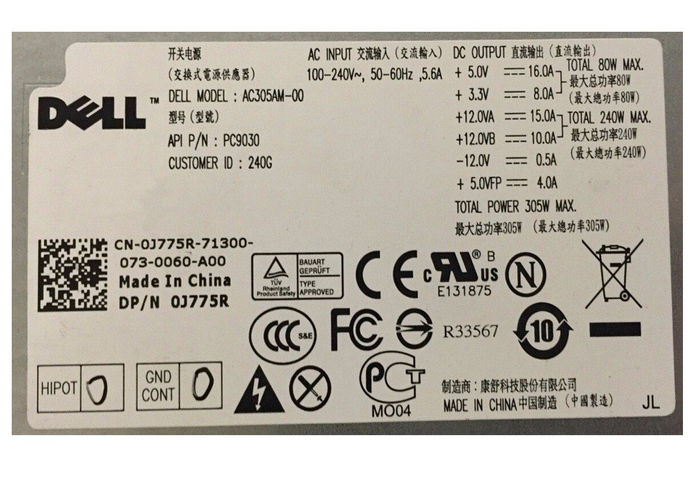 For Dell Optiplex 780 980 Mini Tower Power Supply MT AC305AM-00 J775R 0J775R 305W PSU-FKA