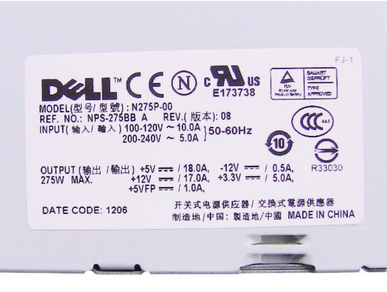 Dell K8964 0K8964  Dimension 5100c 5150c XPS 200 Optiplex GX520 GX620 SFF N275P-00 275W Power Supply-FKA